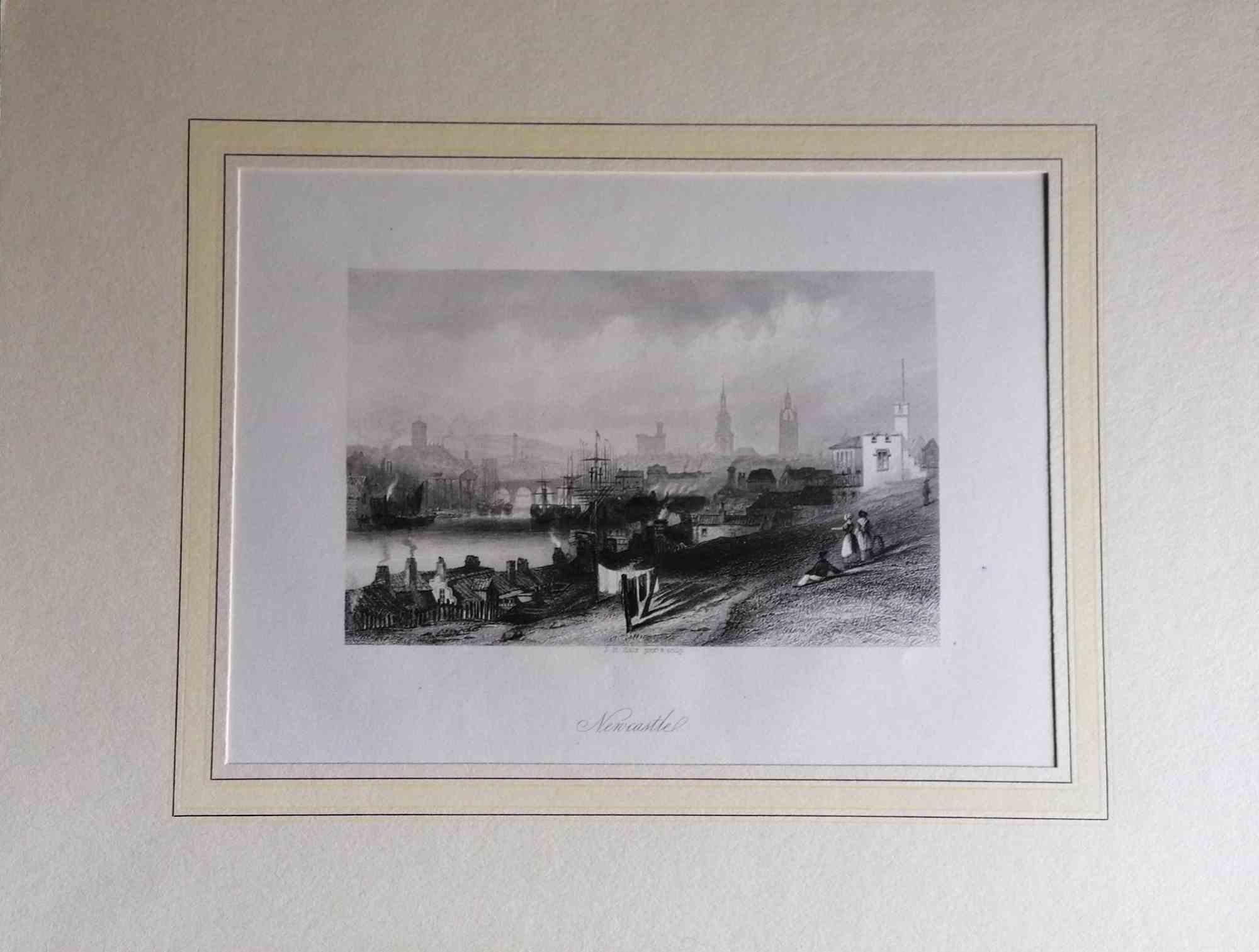 Unknown Figurative Print - Ancient View of Newcastle - Original Lithograph - Mid-19th Century
