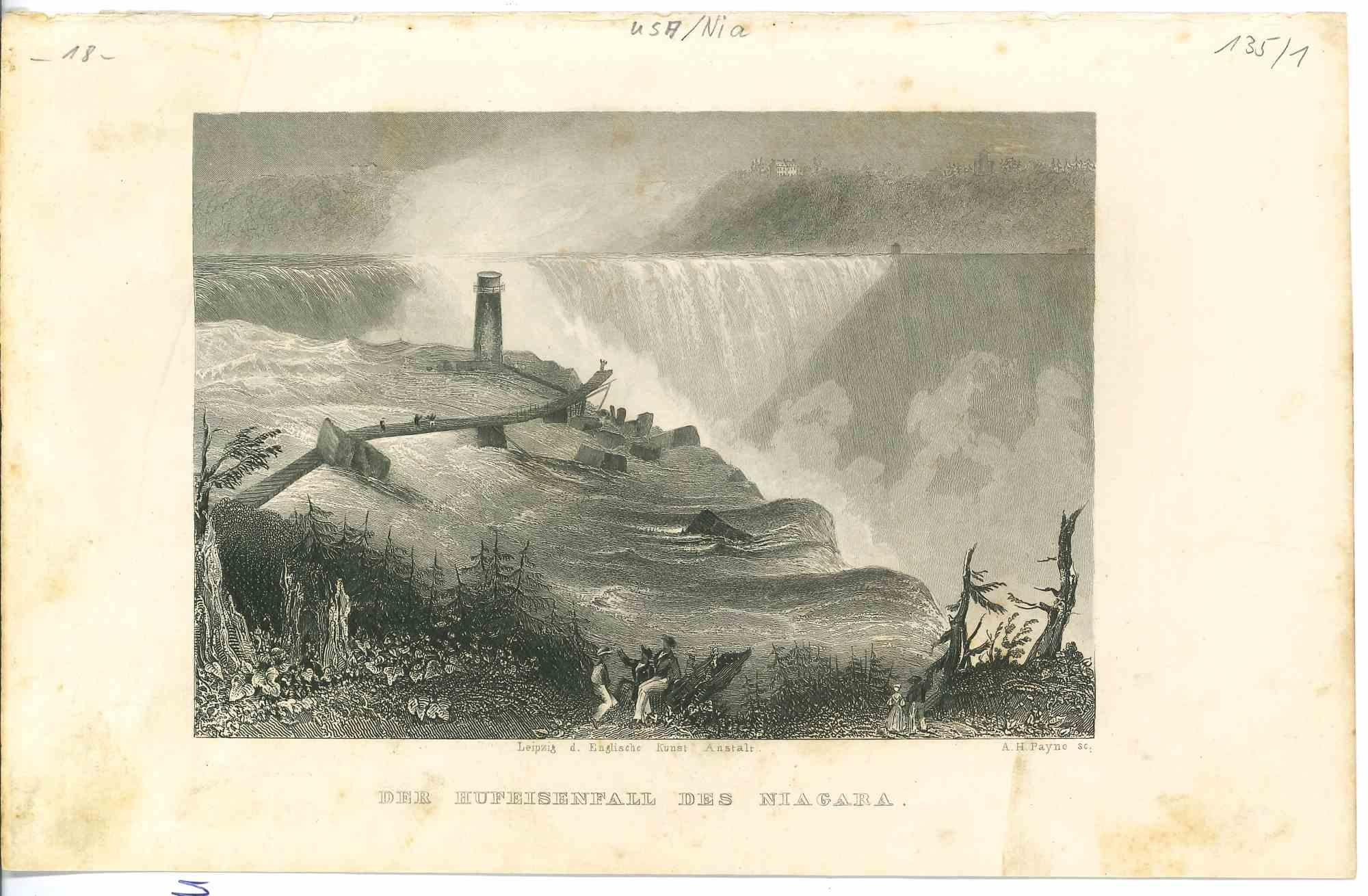 Unknown Figurative Print - Ancient View of Niagara Waterfalls - Original Lithograph - 1850s