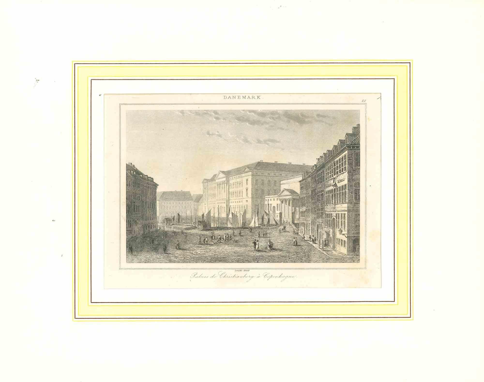 Unknown Landscape Print - Ancient View of Palais de Christianborg - Original Lithograph-Early 19th Century