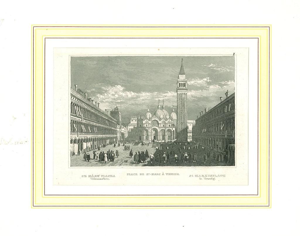 Unknown Landscape Print - Ancient View of Piazza San Marco, Venice - Lithograph on Paper - 19th Century