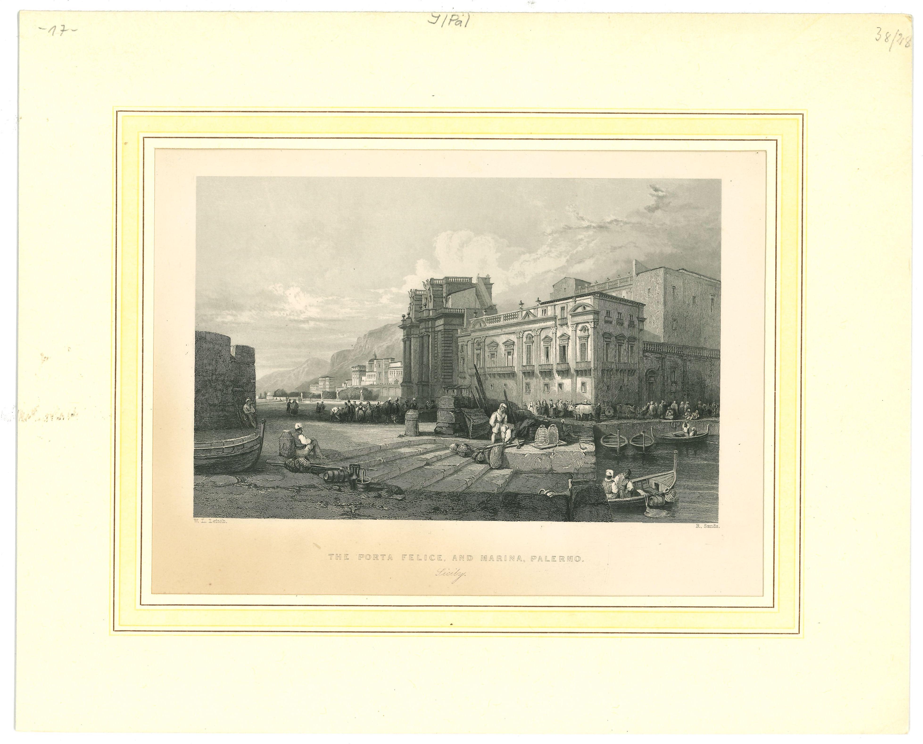 Unknown Figurative Print – Antike Ansicht von Porta Felice und Marina - Lithographie auf Papier - Mitte des 19. Jahrhunderts