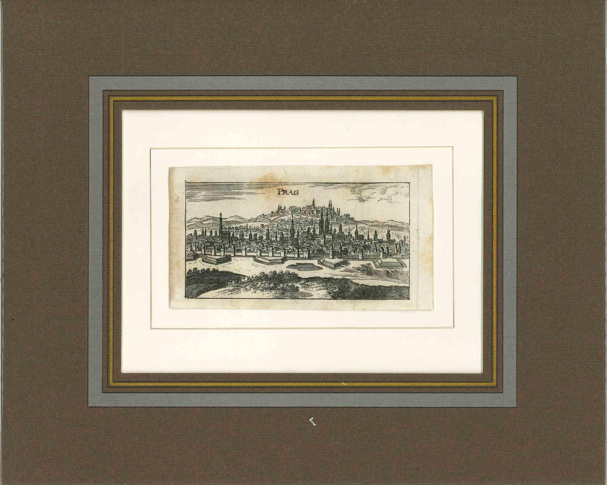 Unknown Landscape Print - Ancient View of Prague - Original Lithograph - First Half of the 18th century