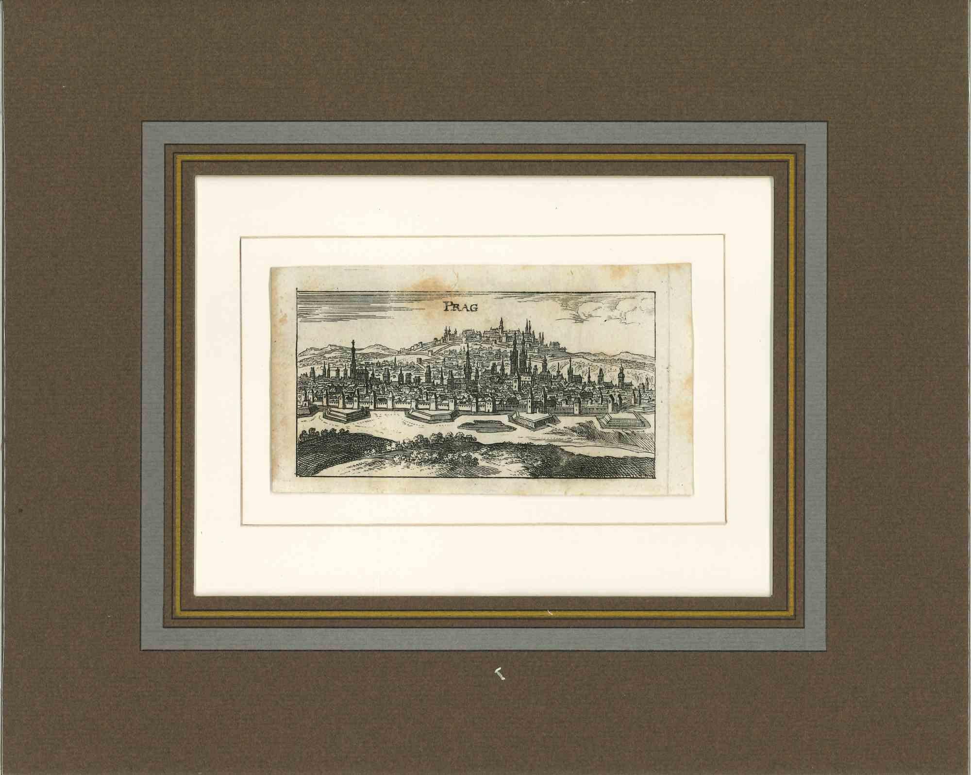 Landscape Print di Unknown - Antica veduta di Praga - Litografia originale - Prima metà del XVIII secolo