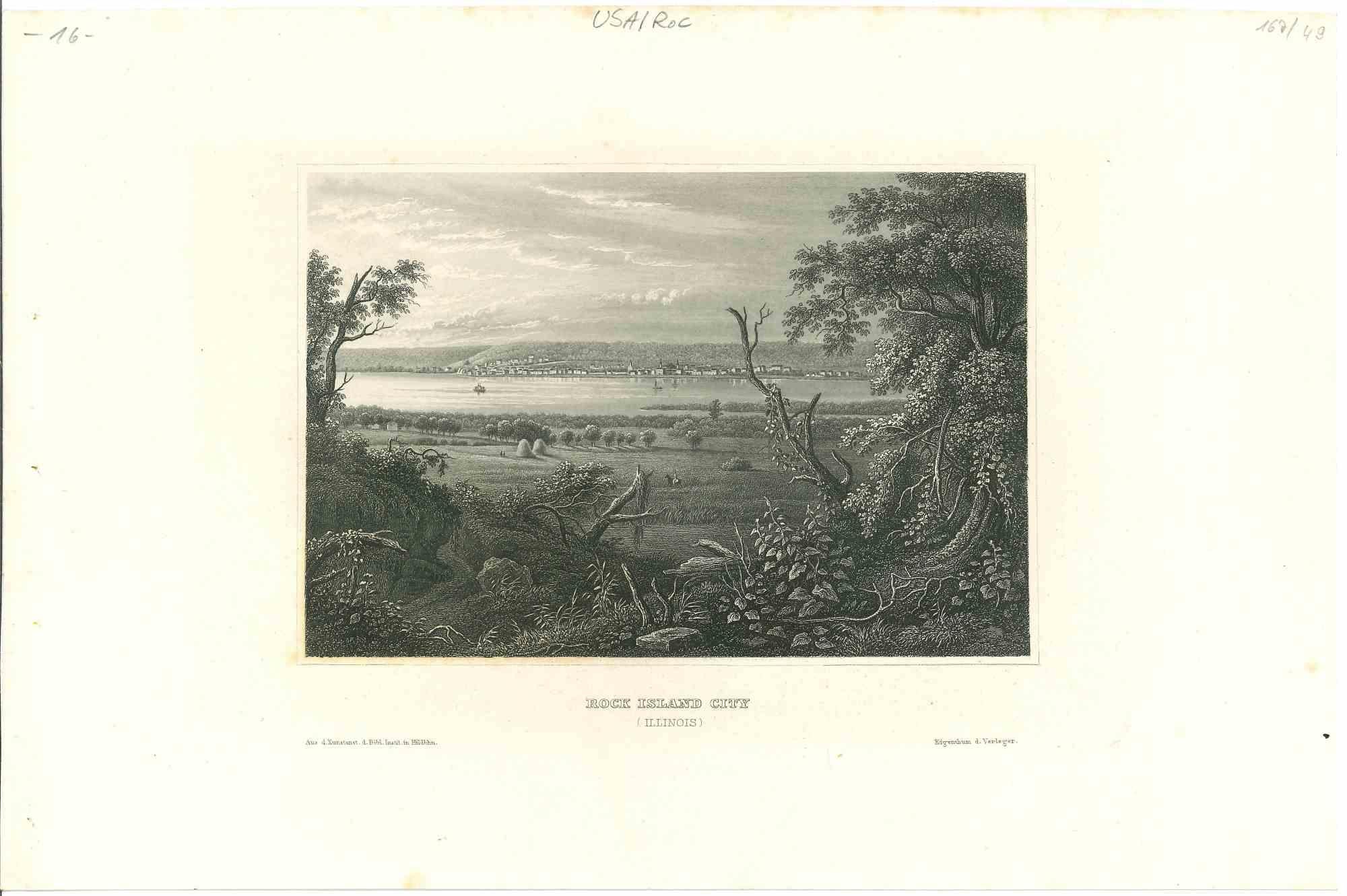 Unknown Landscape Print - Ancient View of Rock Island City - Original Lithograph - 1850