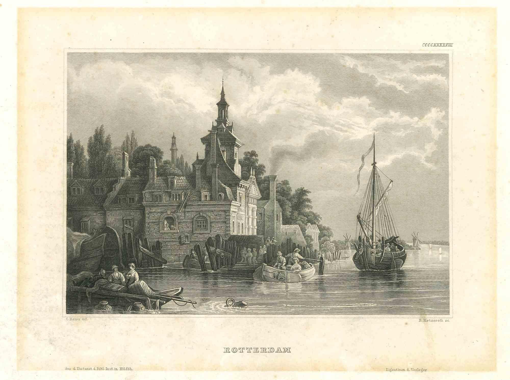 Unknown Figurative Print - Ancient View of Rotterdam - Original lithograph - 1850s