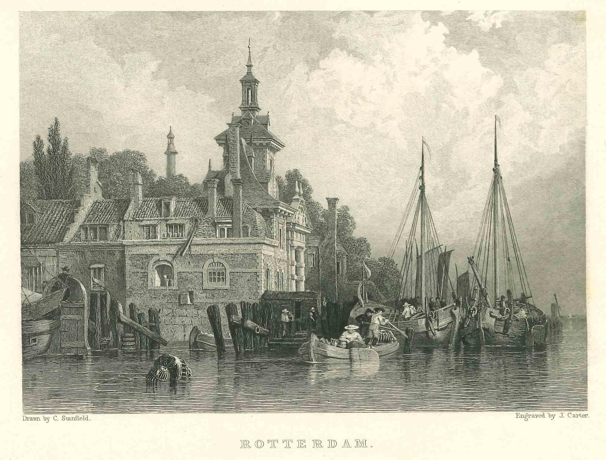 Unknown Figurative Print - Ancient View of Rotterdam - Original Lithograph - Mid-19th Century