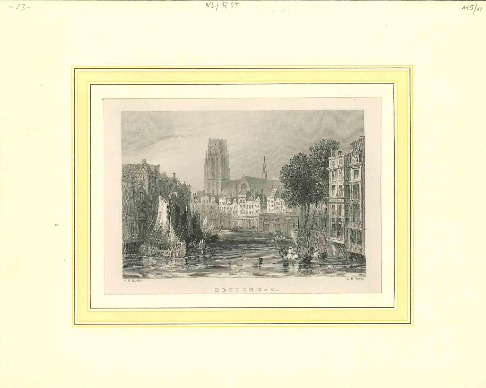 Unknown Figurative Print – Antike Ansicht von Rotterdam, Originallithographie auf Papier – frühes 19. Jahrhundert