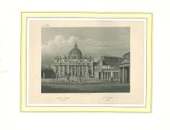 Ancient View of Saint Peter (Rome) - Original Lithograph on Paper - 19th Century