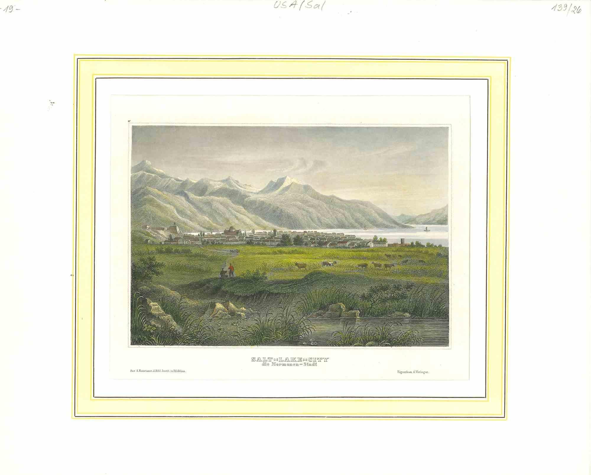 Unknown Figurative Print - Ancient View of Salt Lake City - Original Lithograph - 1850s