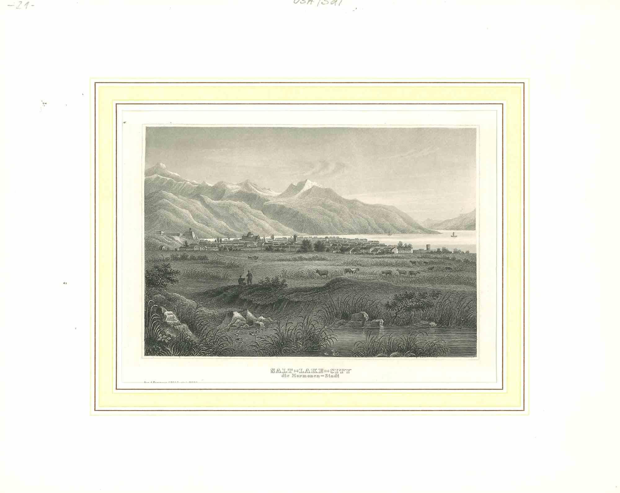 Unknown Figurative Print - Ancient View of Salt Lake City - Original Lithograph - Early 19th Century
