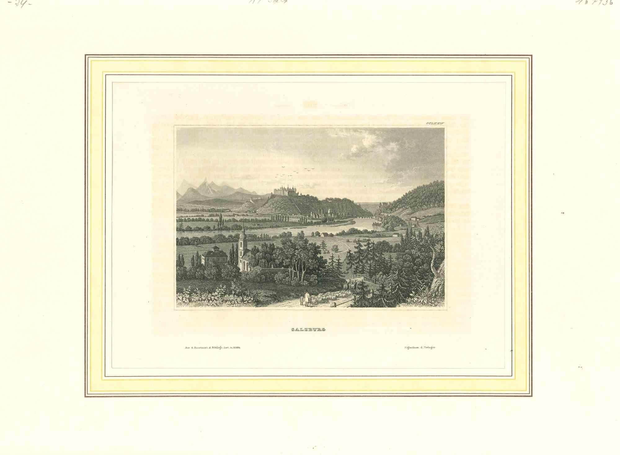 Unknown Landscape Print - Ancient View of Salzburg  - Original Lithograph on Paper - Early 19th Century