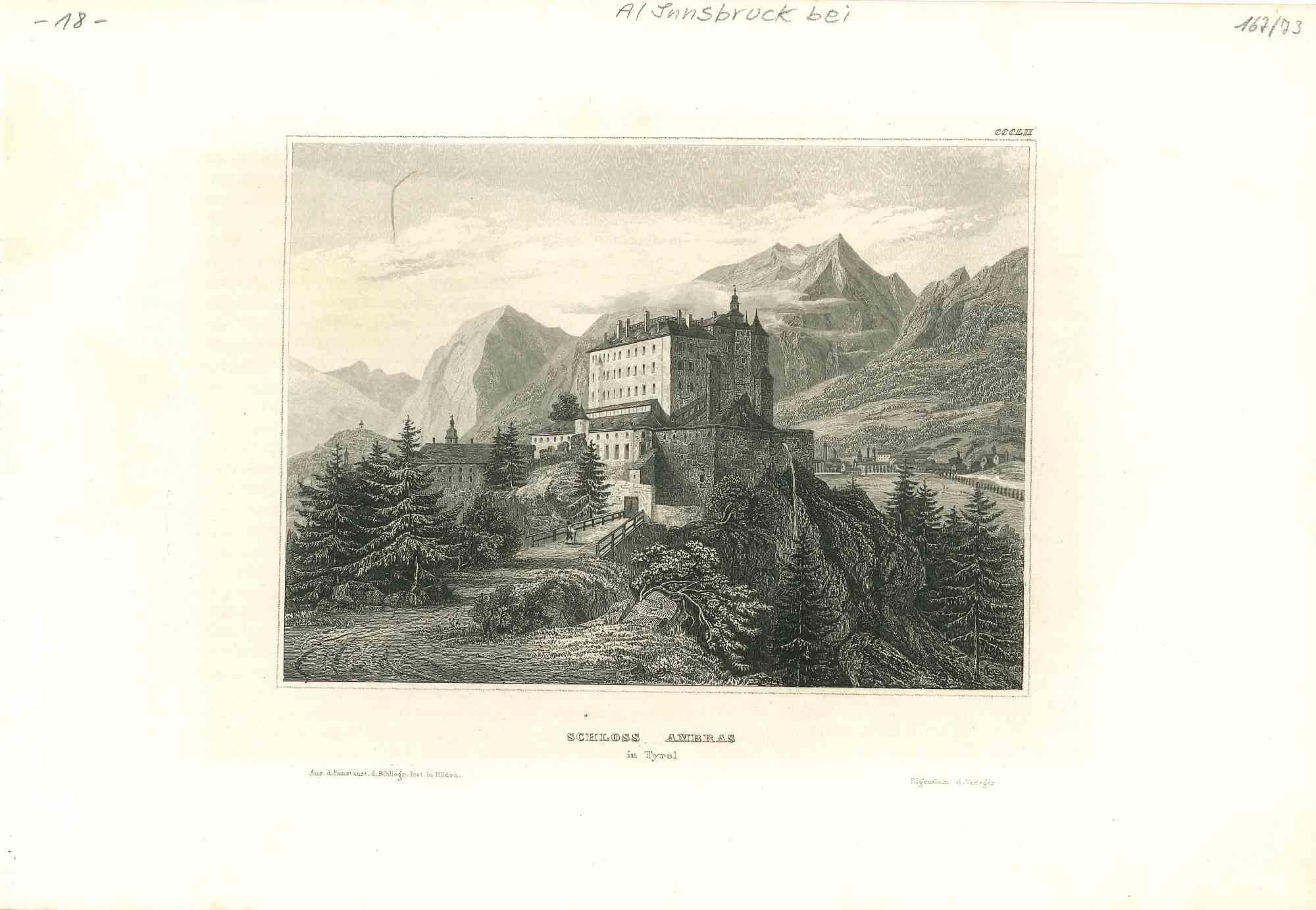 Unknown Figurative Print - Ancient View of Schloss Ambras - Original Lithograph - Mid-19th Century