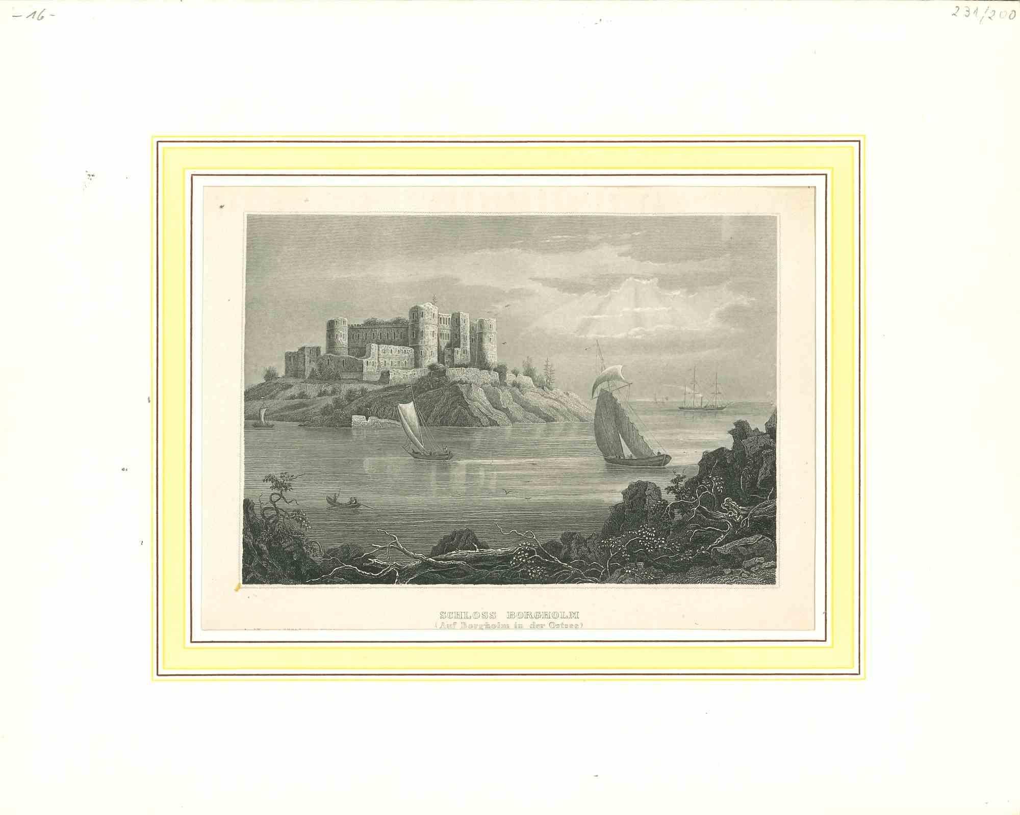 Unknown Landscape Print - Ancient View of Schloss Borgholm - Original Lithograph - Early 19th Century