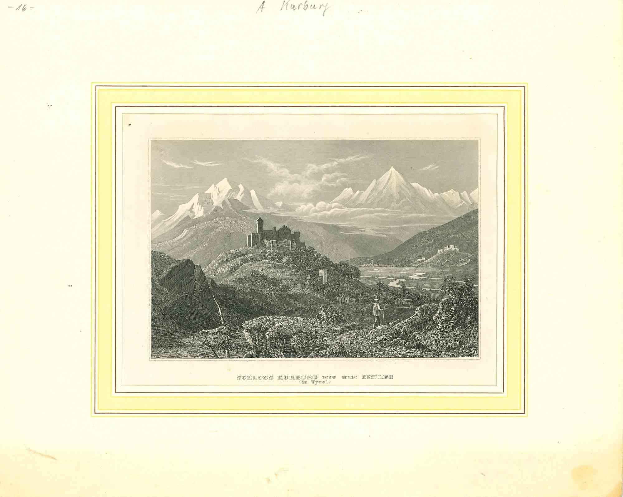 Landscape Print Unknown - Ancienne vue de Schloss Kurburg - Lithographie originale - Milieu du 19e siècle