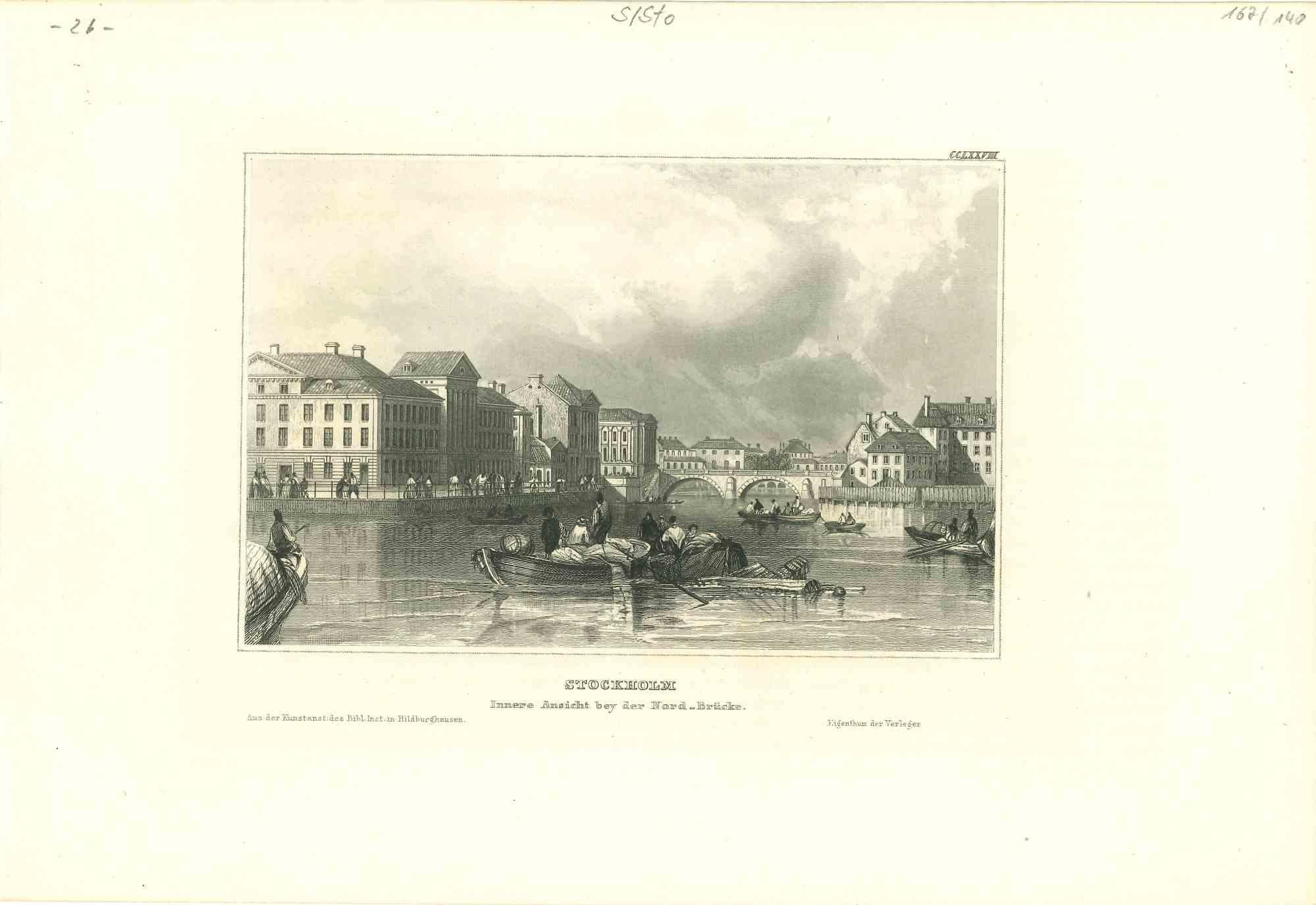 Unknown Figurative Print - Ancient View of Stockholm - Original Lithograph - Mid-19th Century