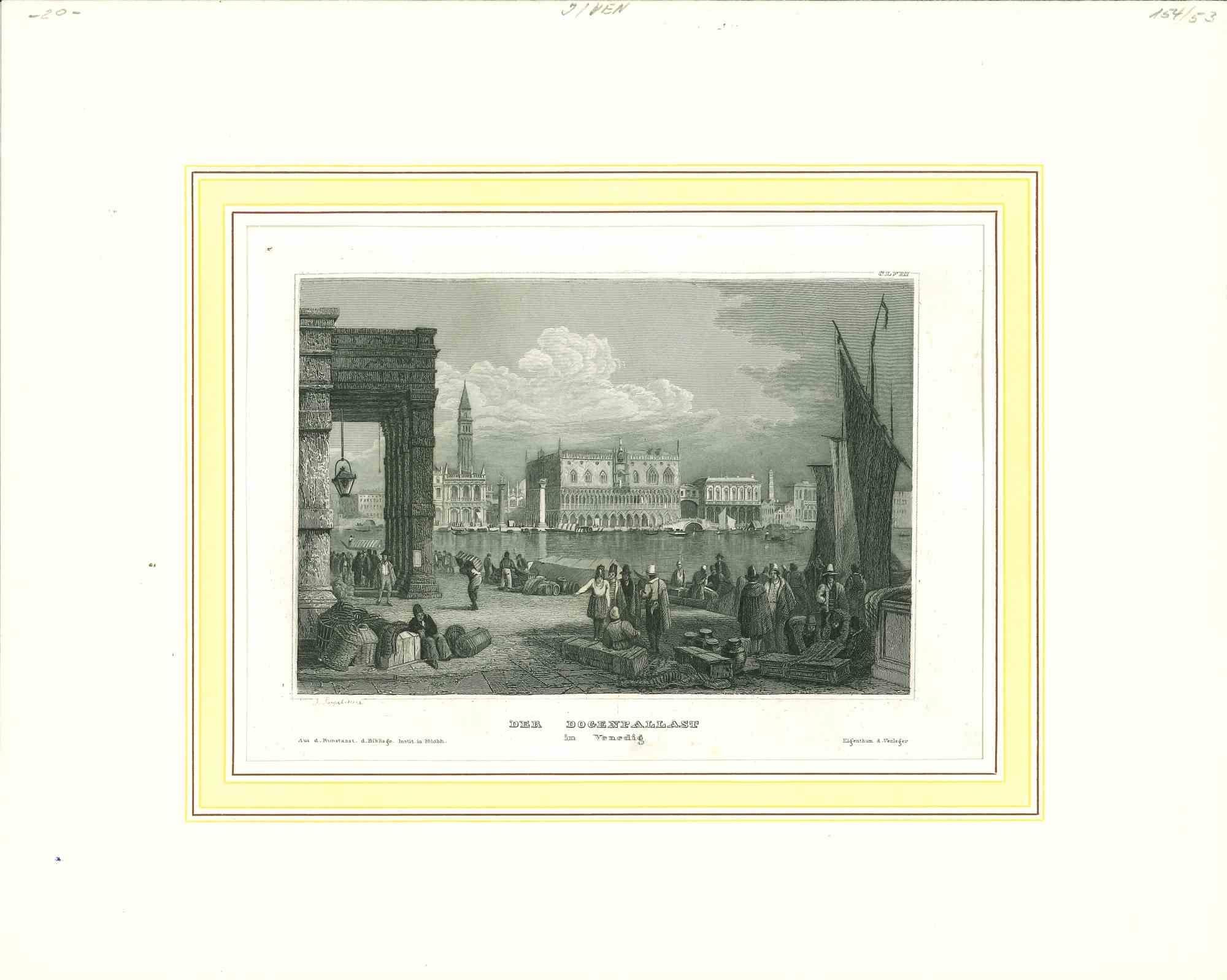 Ancienne vue du palais des Doges à Venise - Lithographie originale - 19ème siècle