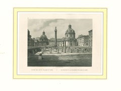 Ancienne vue du Forum de Trajan, Rome - Lithographie originale - 1850 environ.