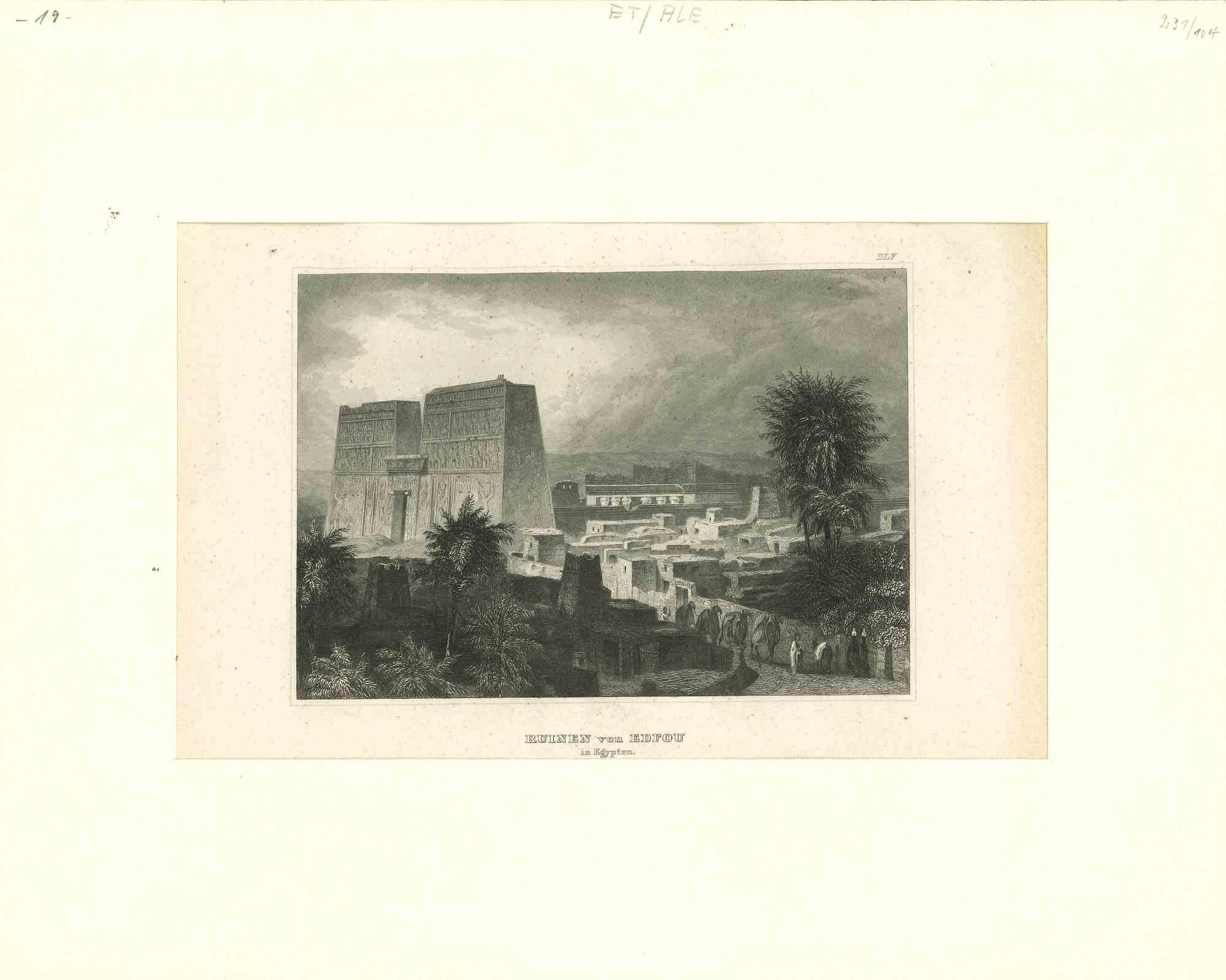 Unknown Figurative Print - Ancient View of the Ruins of Edfou - Original Lithograph -Mid-19th Century