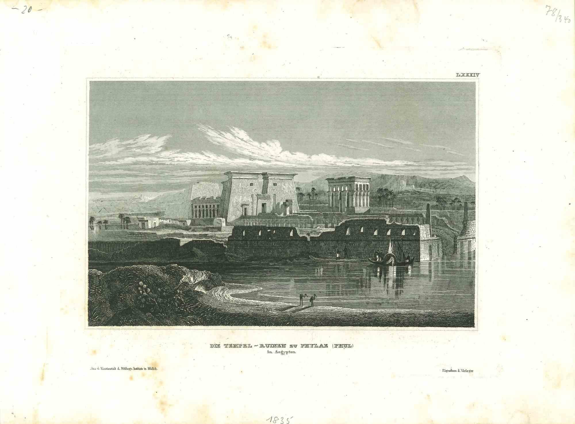 Unknown Landscape Print - Ancient View of The Ruins of Philae - Original Lithograph - Mid-19th Century