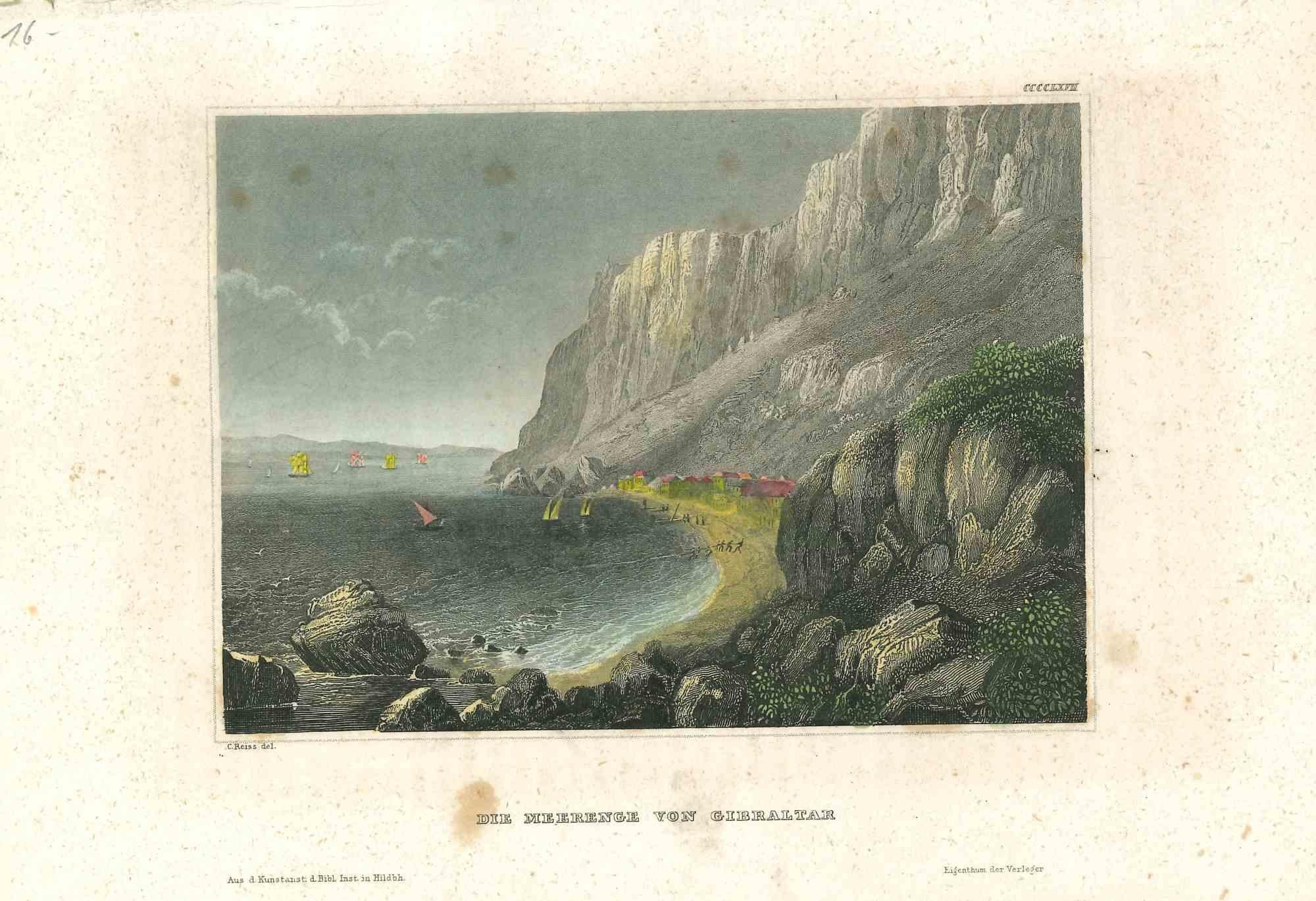 Unknown Landscape Print - Ancient View of The Strait of Gibraltar - Original Lithograph - Mid-19th Century