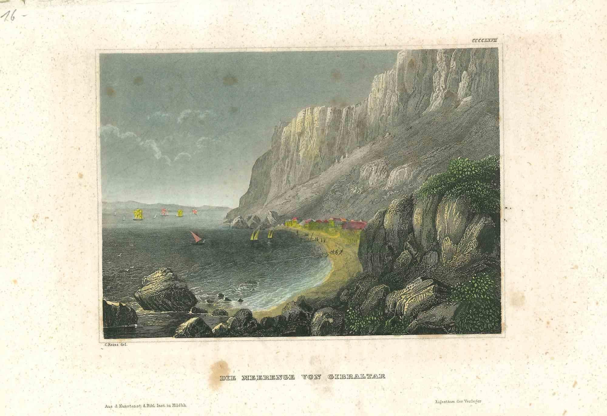 Antica veduta dello Stretto di Gibilterra - Litografia originale - Metà del XIX secolo