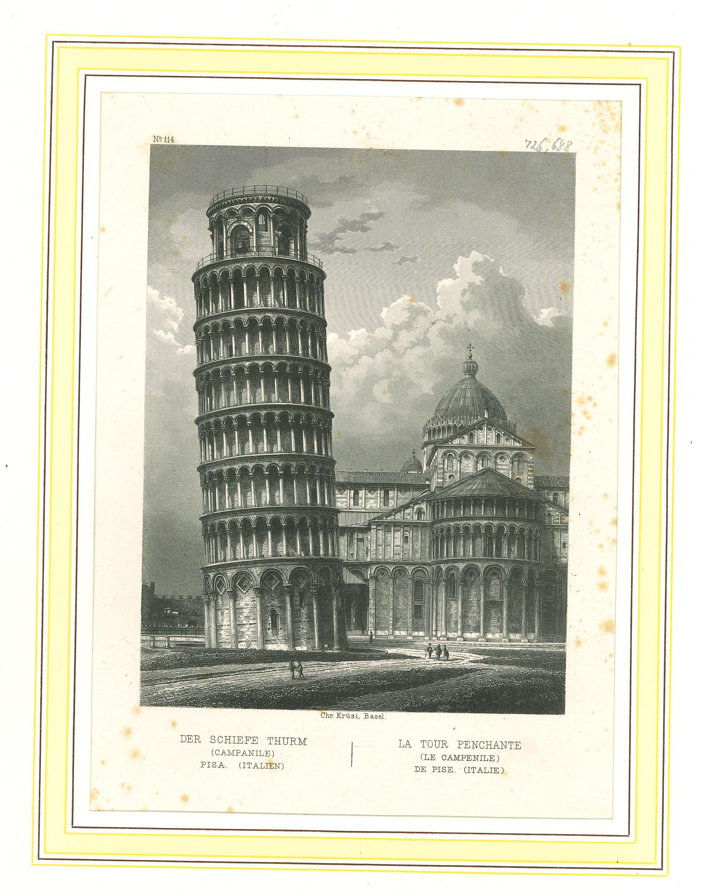 Figurative Print Unknown - Vue ancienne de la Tour de Pisa - Lithographie sur papier - Milieu du 19e siècle