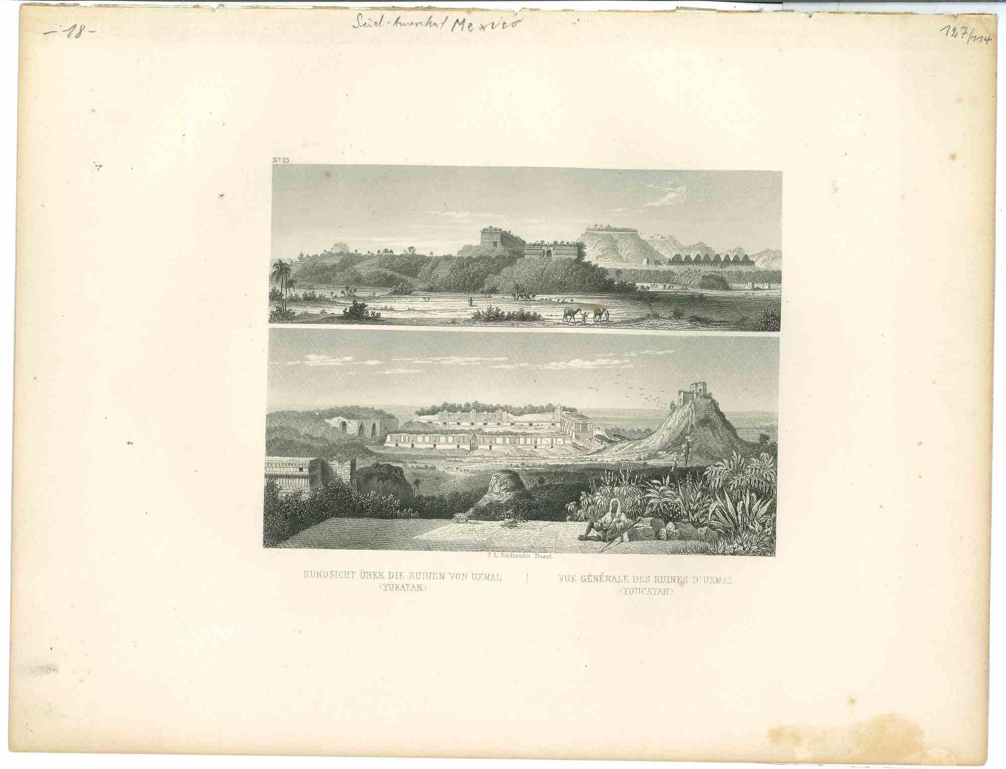 Unknown Landscape Print - Ancient View of Uxmal - Original Lithograph - Early 19th Century