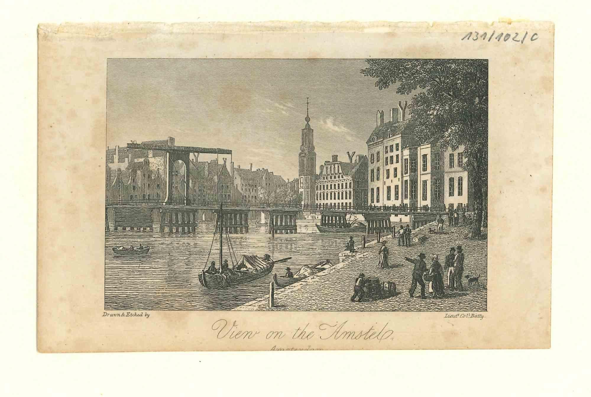 Unknown Figurative Print – Antike Ansicht des Ausblicks auf den Amstel - Originallithographie - Mitte des 19. Jahrhunderts