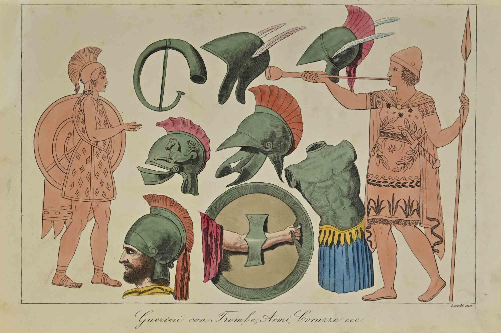 Unknown Figurative Print - Ancient Warriors with Trumpets, Weapons and Armor - Lithograph - 1862