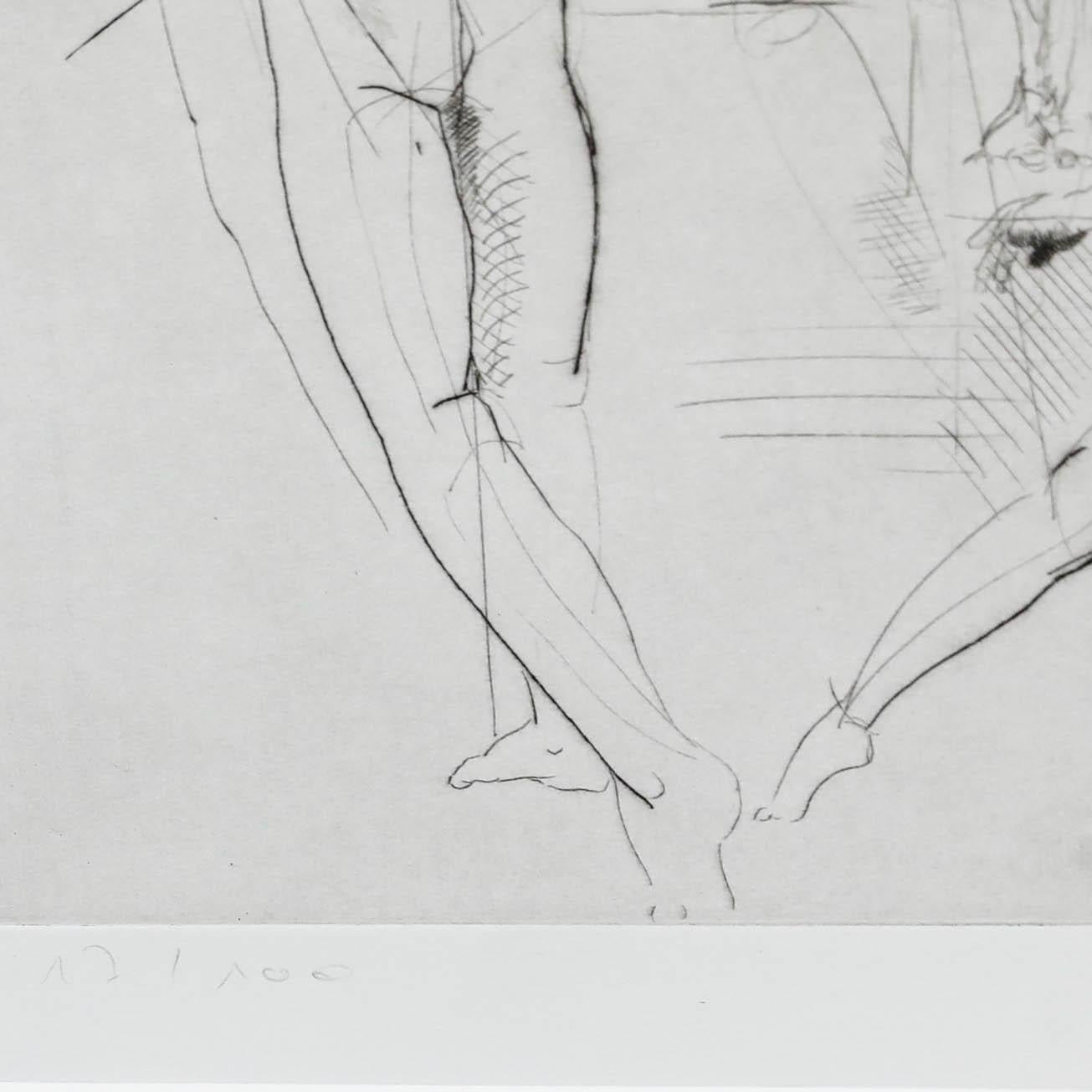 Cette gravure dynamique représente plusieurs personnages masculins nus dans des poses variées. La figure centrale se distingue par le rendu anatomique détaillé des os des jambes. Signé à la mine de plomb sous la ligne de planche. Numéroté 17/100.
