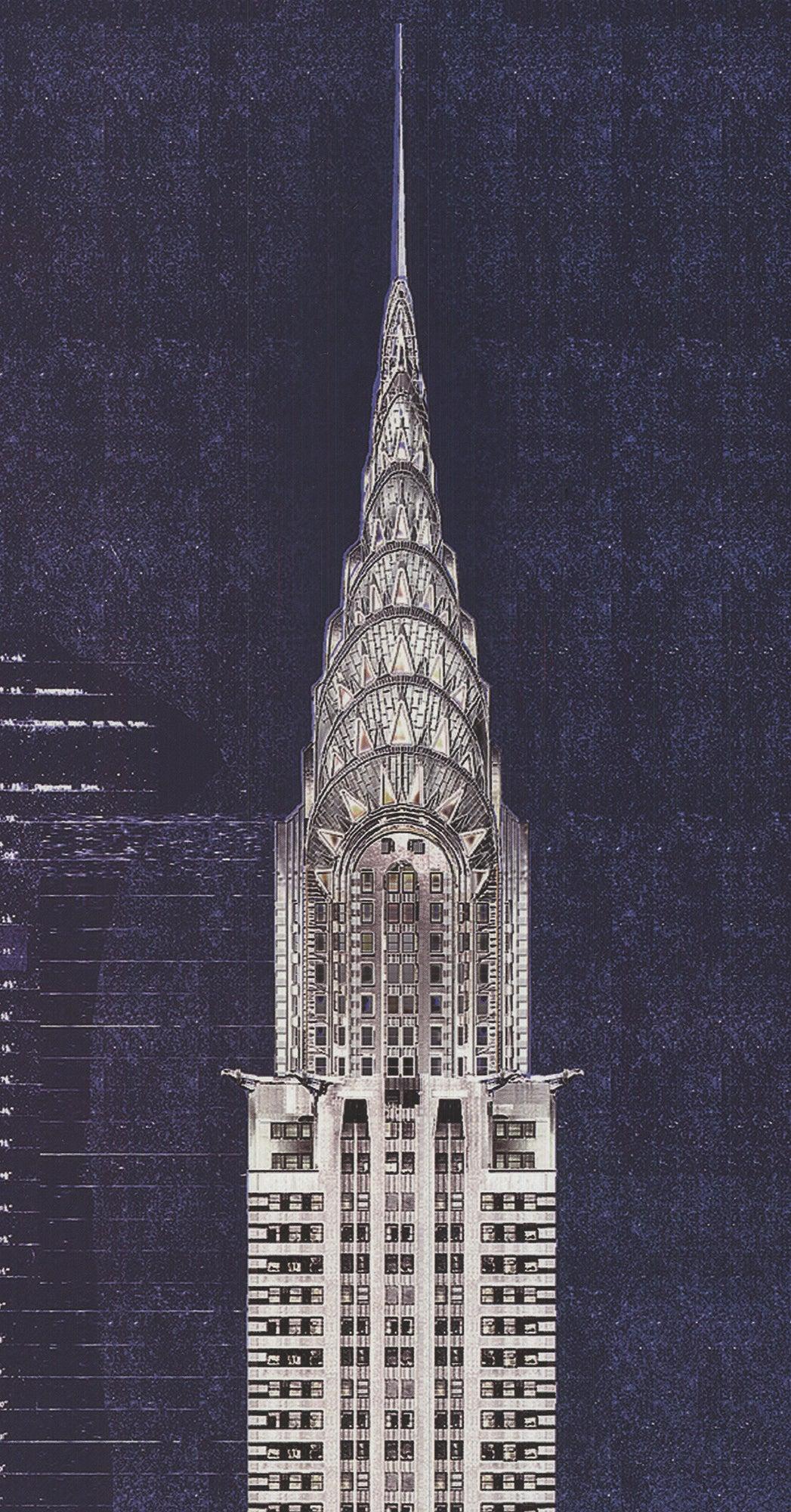 This reproduction showcases an early rendering of the Chrysler Building in New York City, created by draftsman Andy Hickes. The image represents the building before its construction, which was designed by architect William Van Alen. The Chrysler