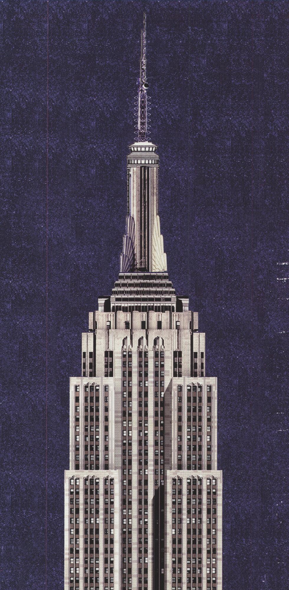 Andy Hickes’ depiction of the Empire State Building captures the iconic skyscraper in a modern, stylized manner. Known for his vibrant and graphic approach, Hickes emphasizes bold lines, sharp contrasts, and a dynamic composition that highlights the