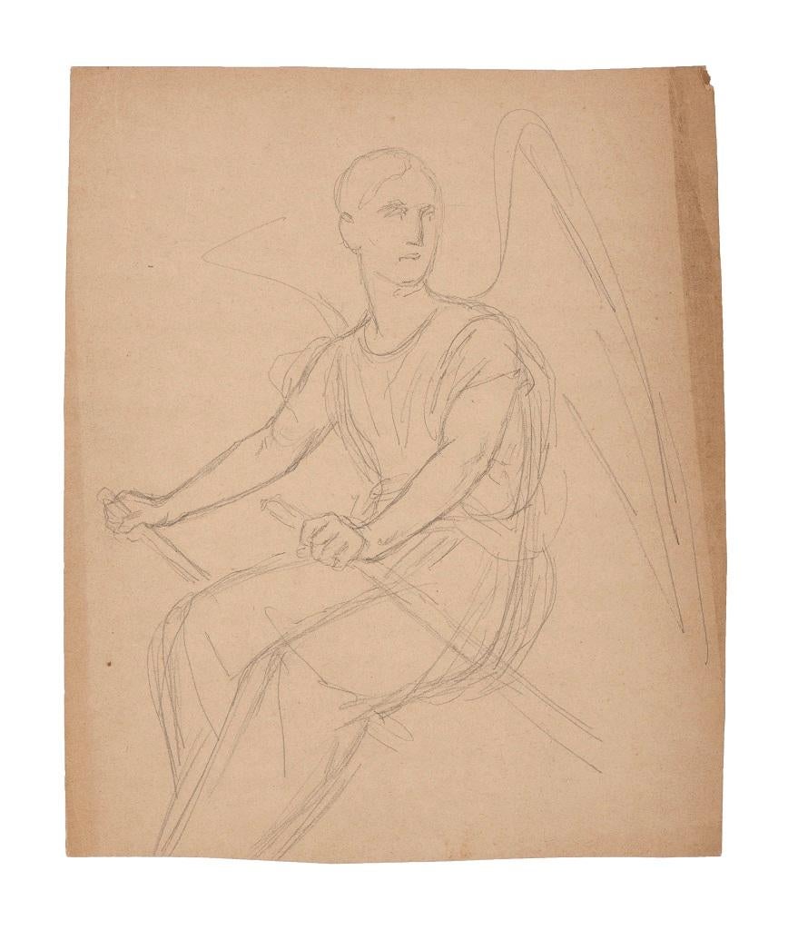 Unknown Figurative Print - Angel Rowing - Pencil Drawing - Early 20th Century