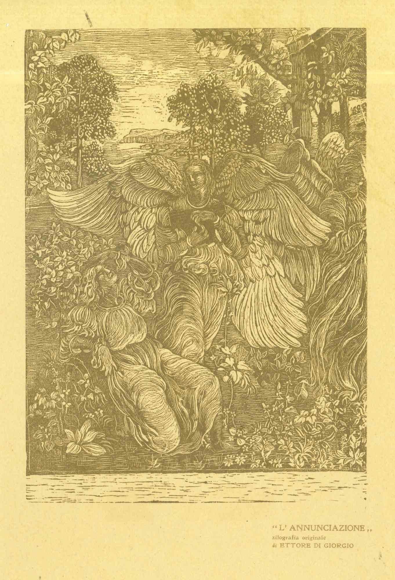 Annunciation – Original-Holzschnitt von Ettore di Giorgio – frühes 20. Jahrhundert