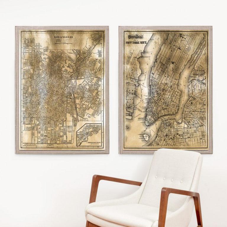 Antique City Maps, Los Angeles, gold leaf, acrylic box frame – Print von Unknown
