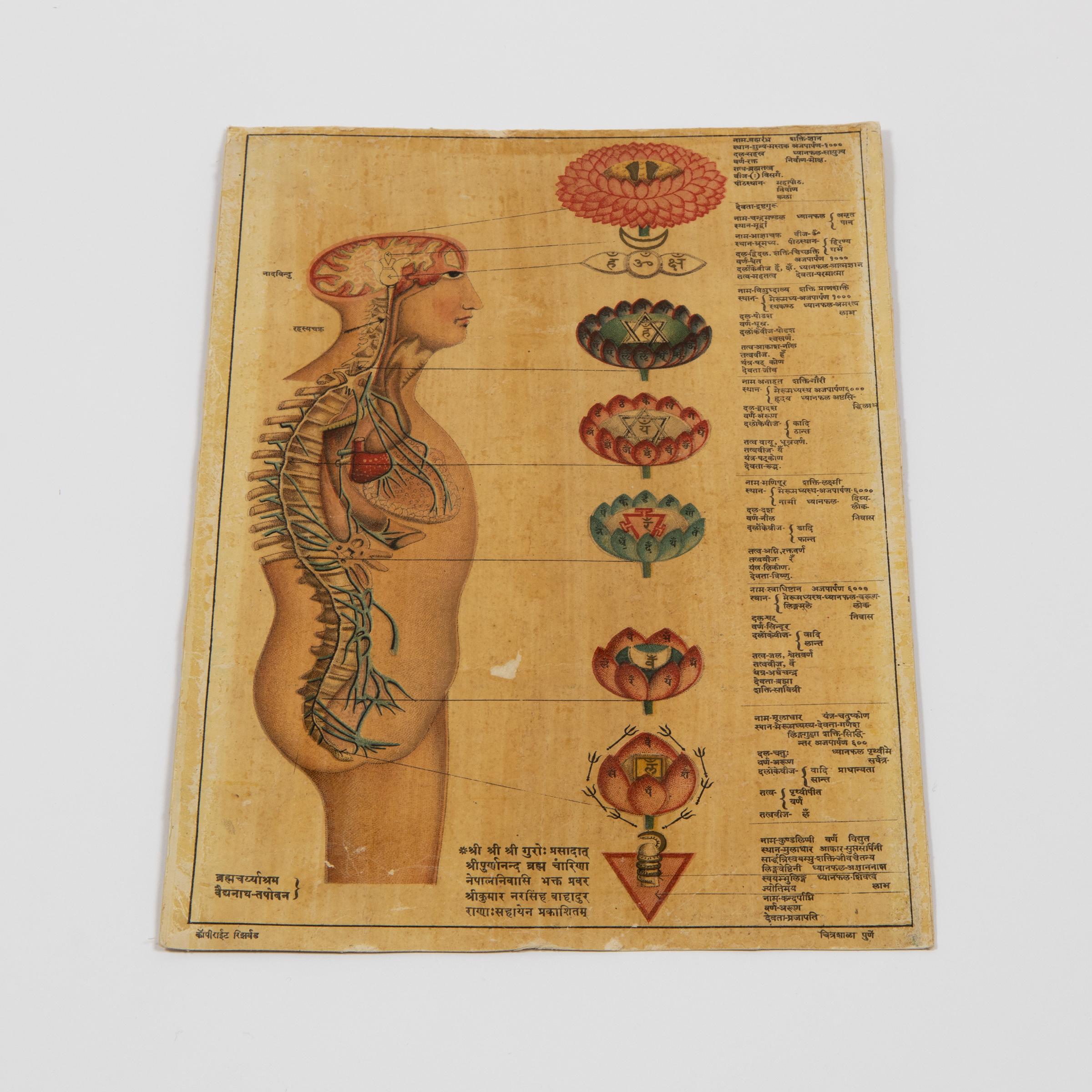 Set of two antique Hindu / Indian anatomical prints, emphasizing the seven chakras with Sanskrit text.

Original handmade prints on antique paper.