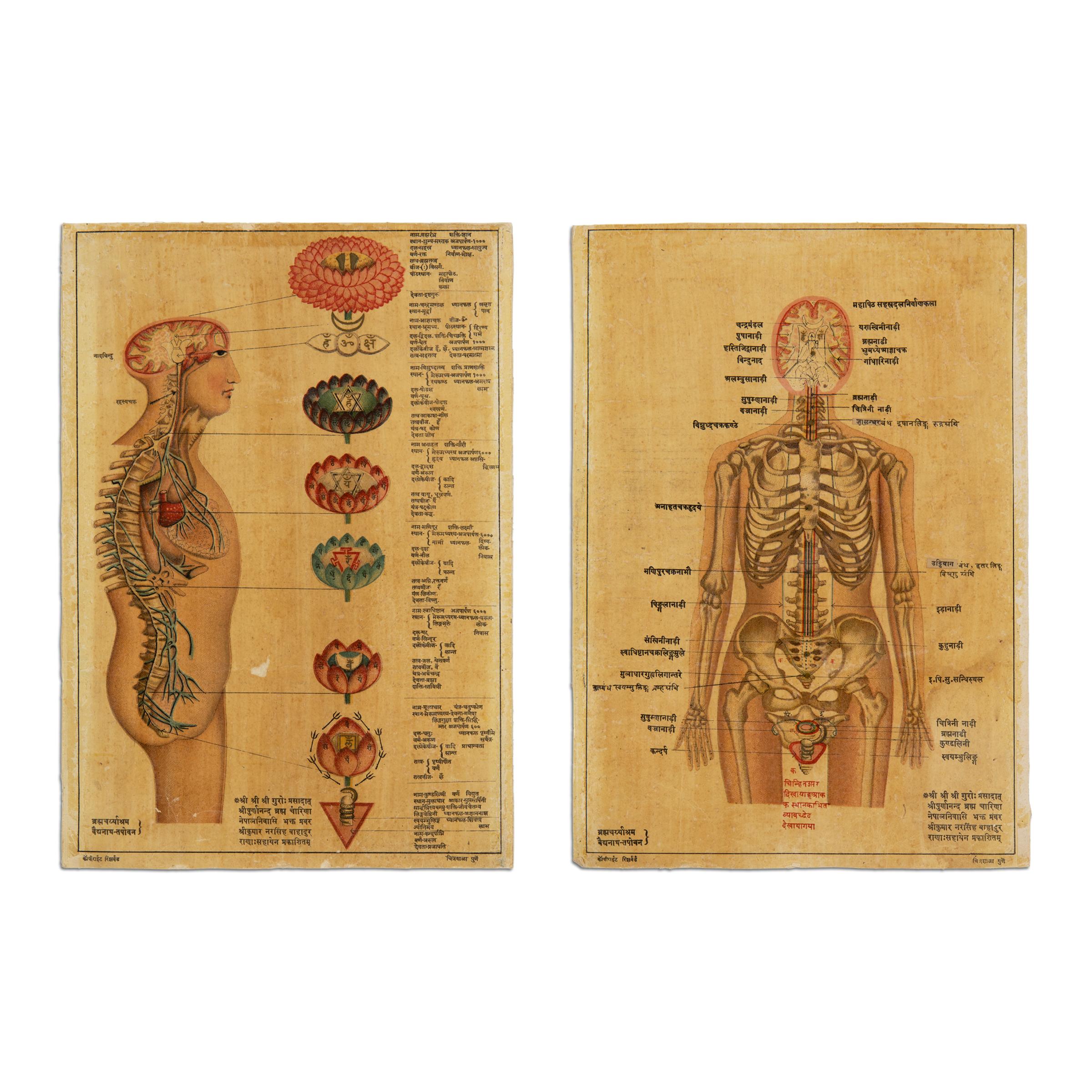 Unknown Figurative Print - Antique Indian Kundalini Hindu Sanskrit Chakras // Set of 2 Anatomical Prints 