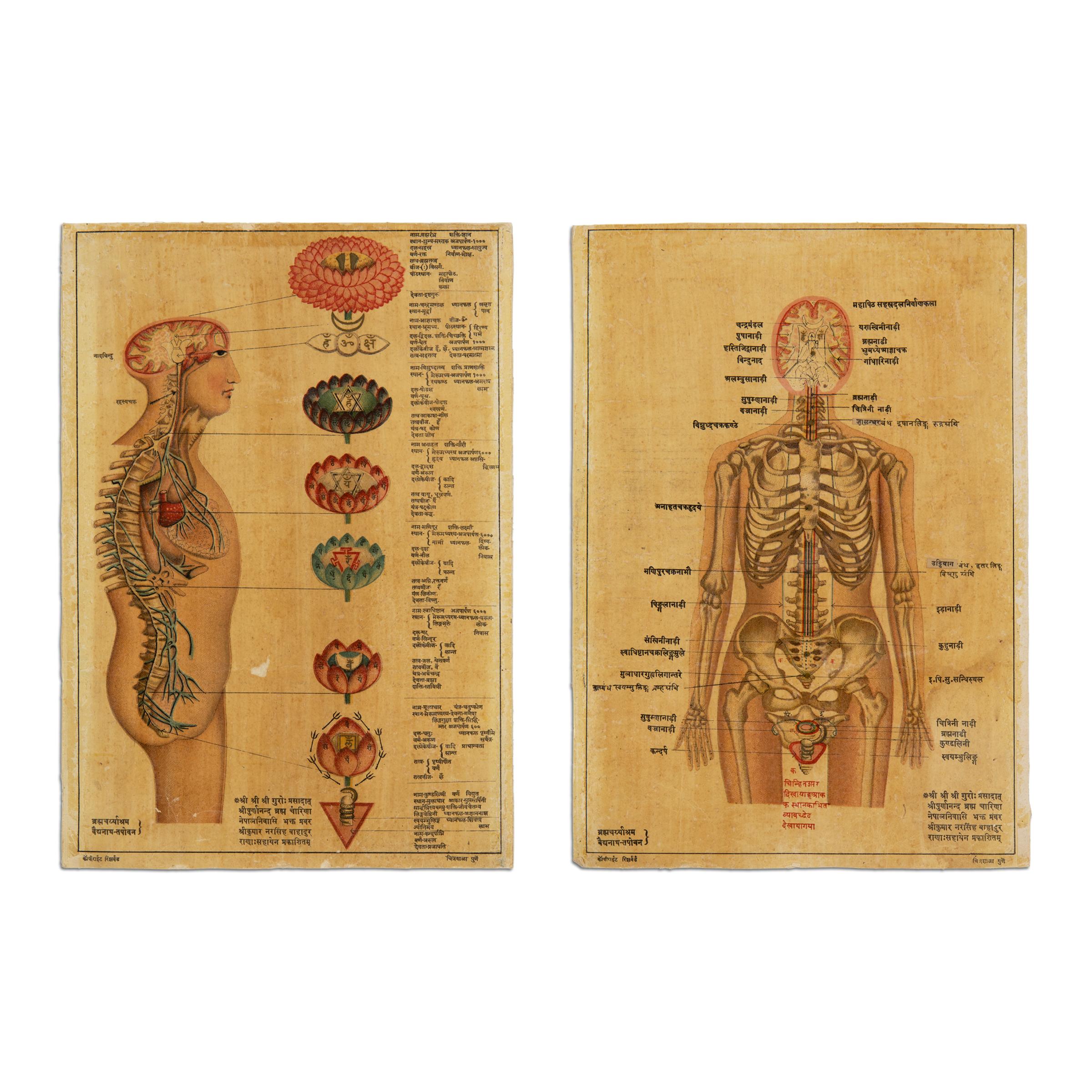 Unknown Figurative Print – Antike indische Kundalini Hindu Sanskrit Chakras // 2er-Set Anatomische Drucke