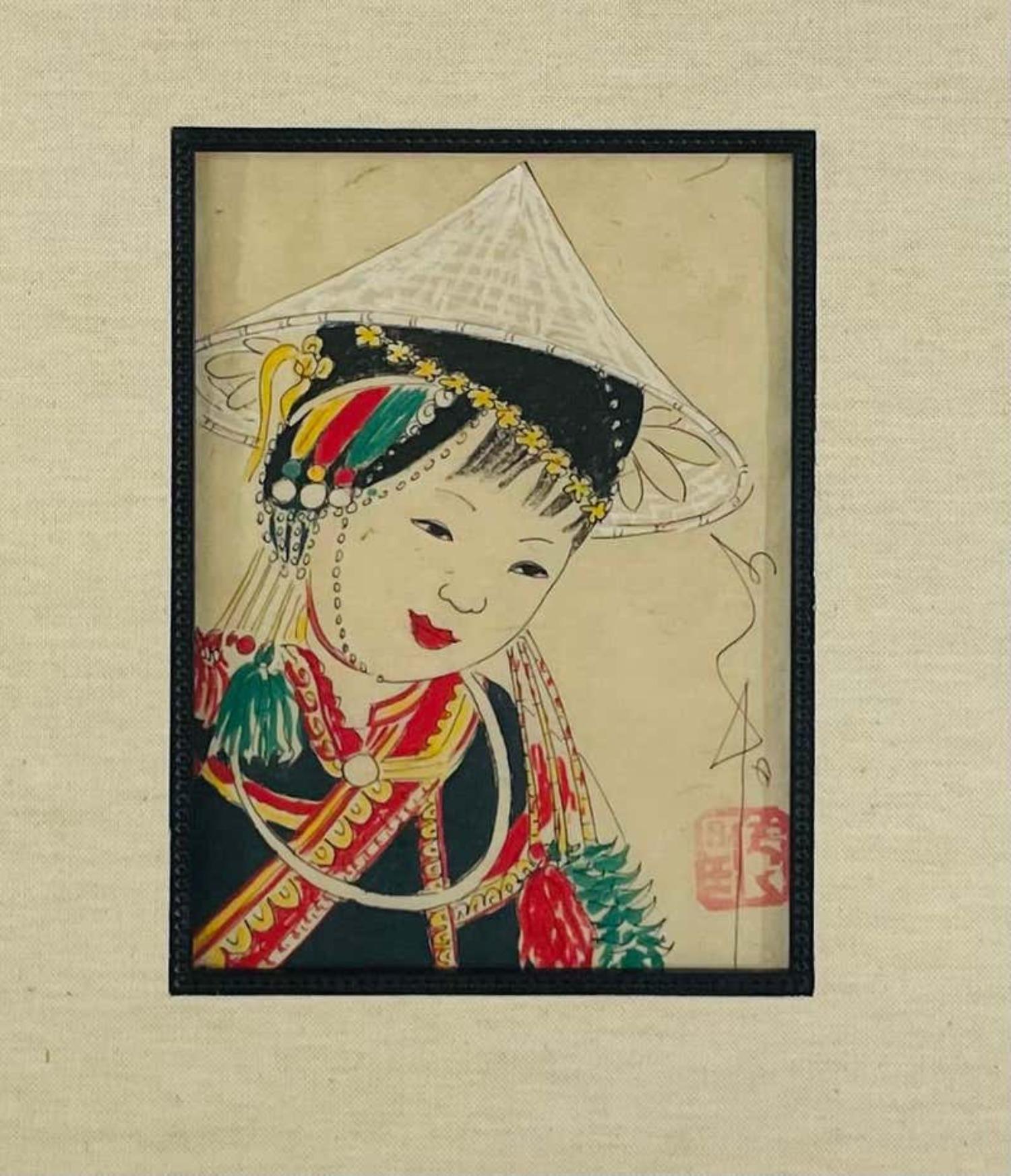 A pair of antique colored etching prints each depicting a Japanese woman. One woman is wearing the conical hat also known as the rice hat and a traditional colorful outfit. The second portrait presents also a Japanese woman wearing large red hat and