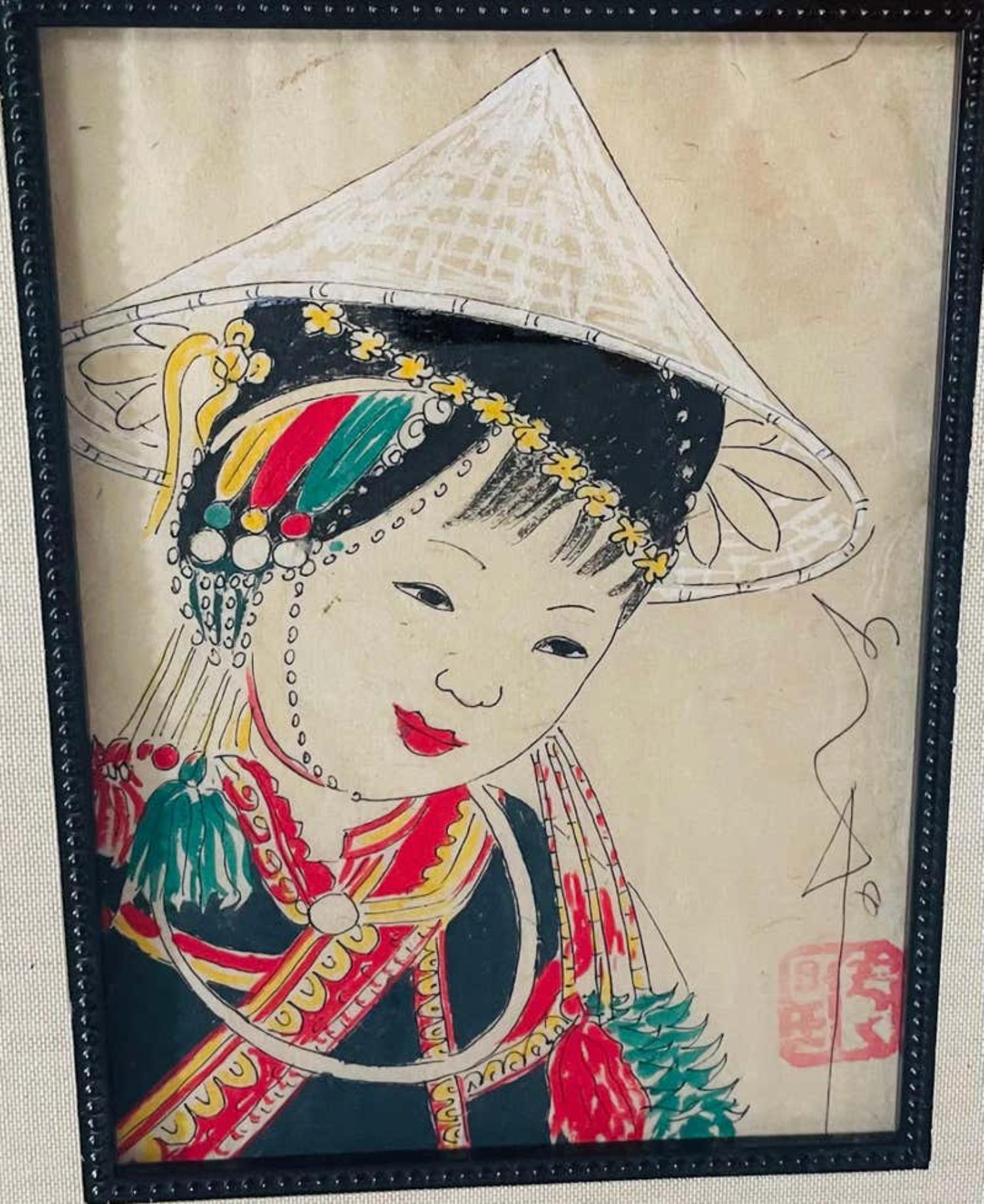 Antique Japanese Asian Women Portrait Etching Print Signed, a Pair For Sale 1