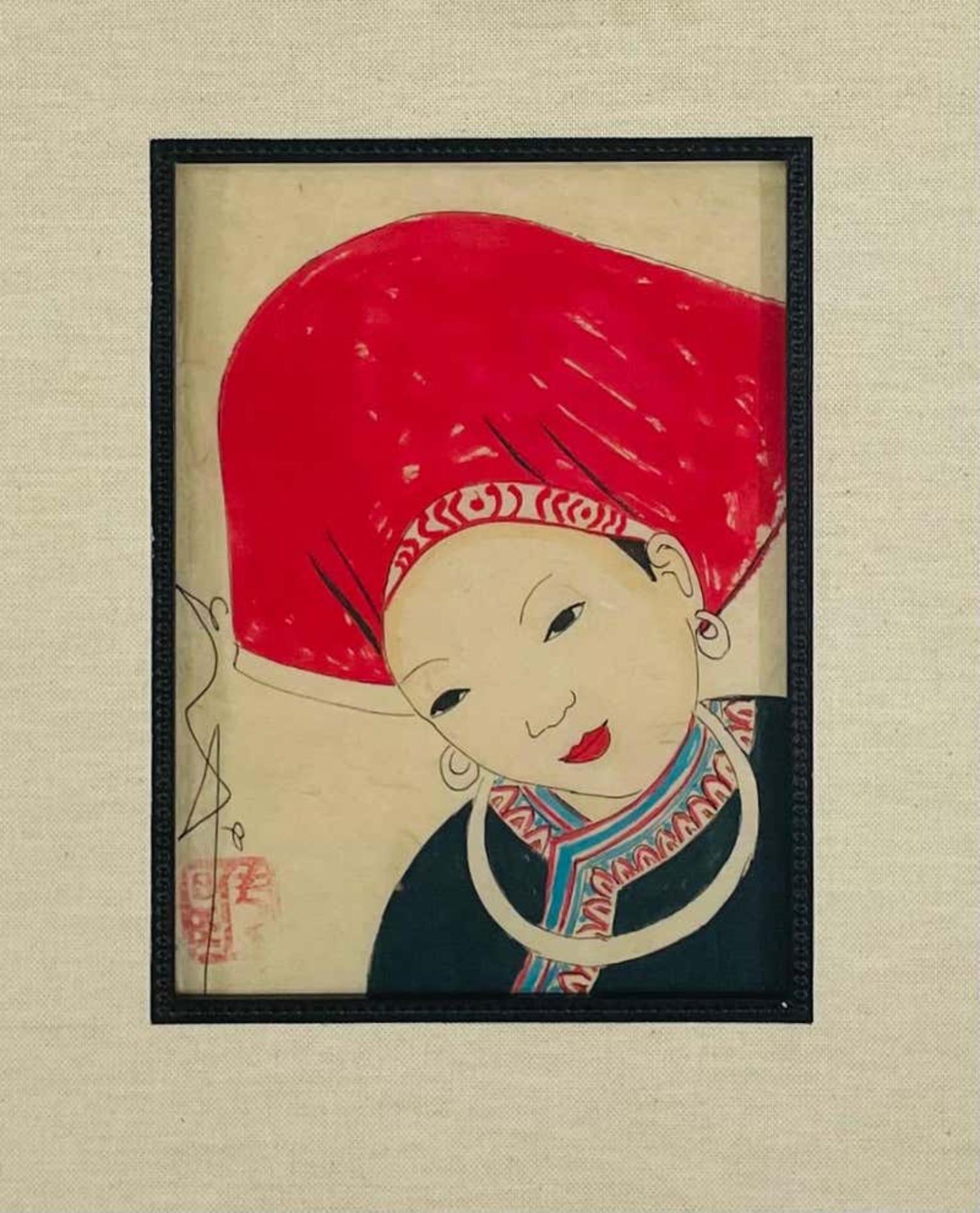 Antique Japanese Asian Women Portrait Etching Print Signed, a Pair For Sale 5