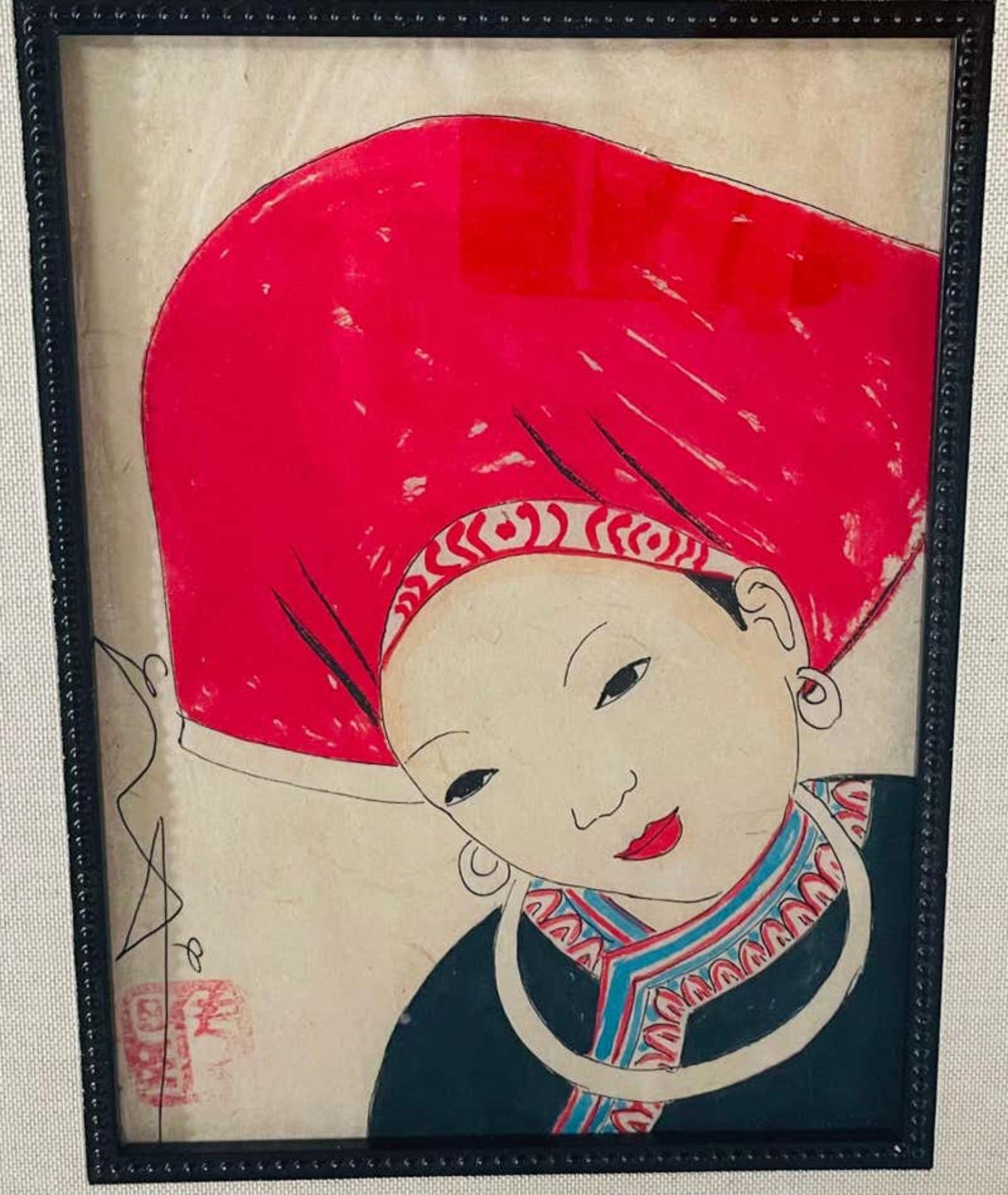 Antique Japanese Asian Women Portrait Etching Print Signed, a Pair For Sale 6