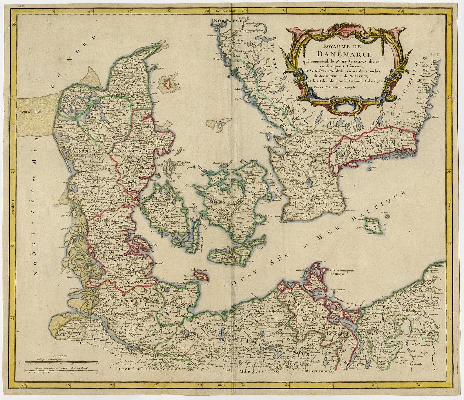 Antique map of Denmark and Jutland by de Vaugondy - Handcol. engraving - 18th c. - Print by Unknown