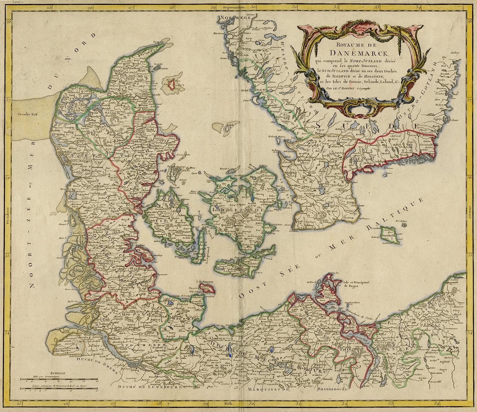 Unknown Print - Antique map of Denmark and Jutland by de Vaugondy - Handcol. engraving - 18th c.
