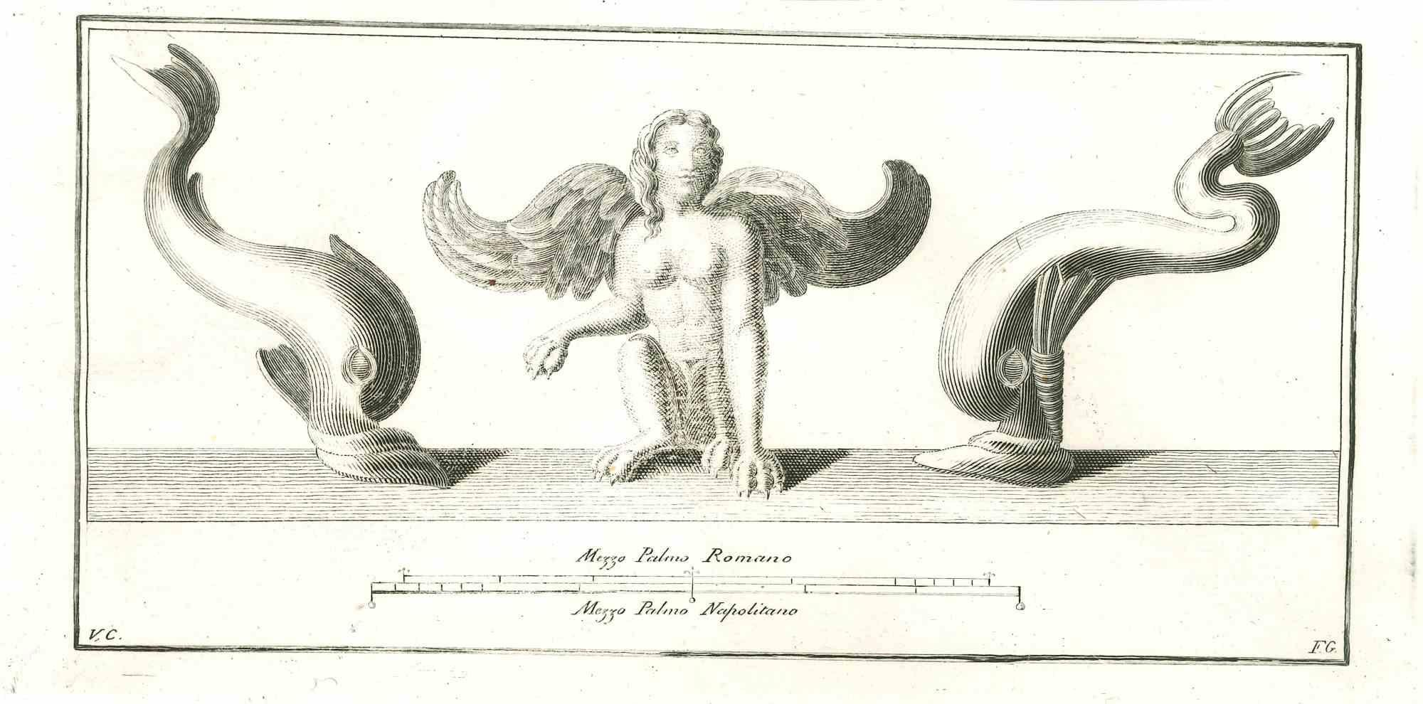 Antiquités d'Herculanum exposées - gravure d'origine  XVIIIe siècle