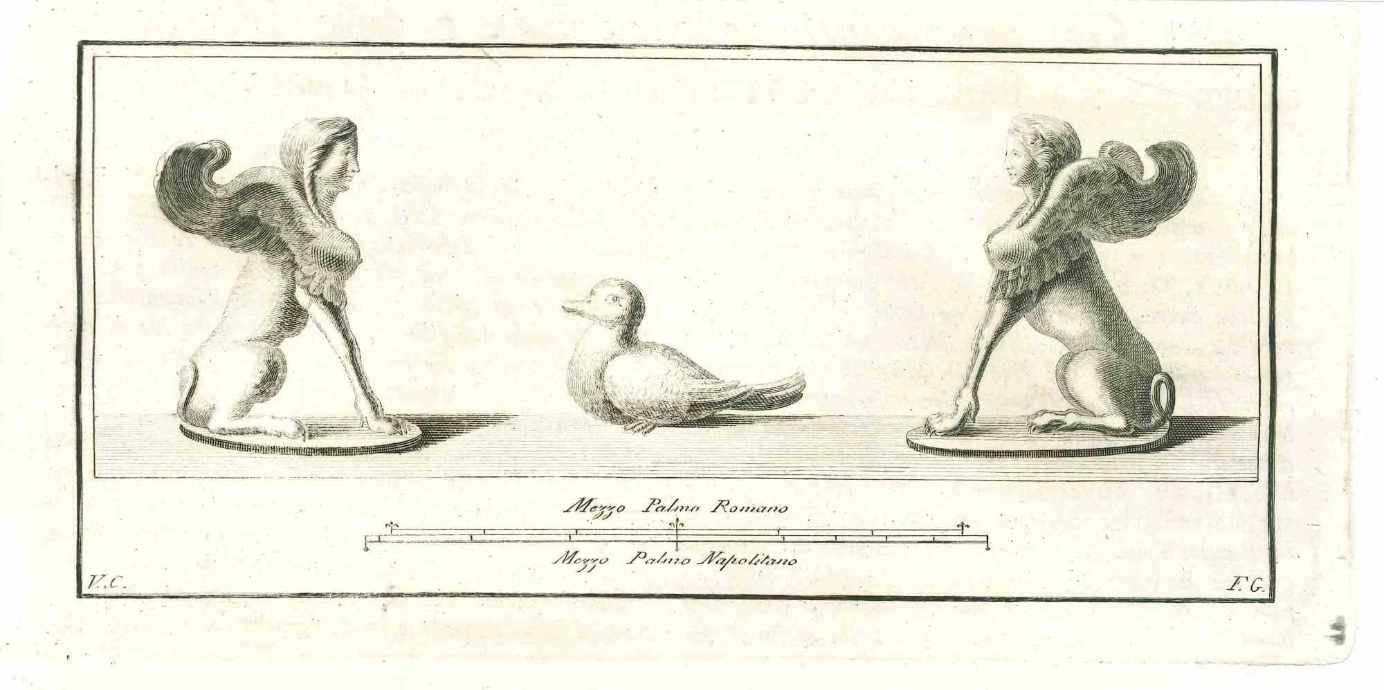 Animal Print Unknown - Antiquités d'Herculanum exposées - gravure d'origine  XVIIIe siècle