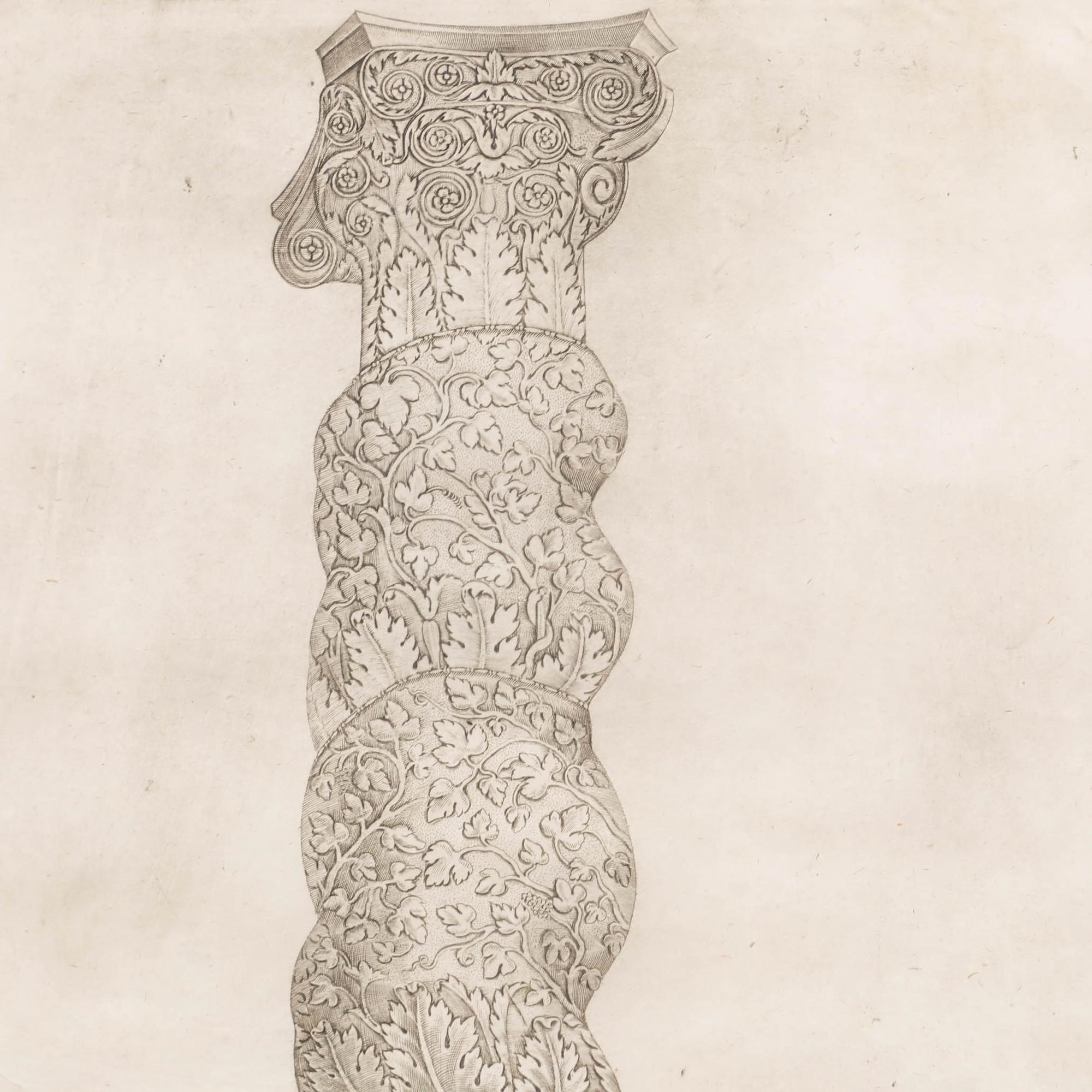 A finely detailed engraving depicting one of the Solomonic columns from St. Peter's Baldachin in St. Peter's Basilica, Vatican City. The print is from Antonio Lafreri's Speculum Romanae Magnificentiae (Mirror of Roman Magnificence), a series of