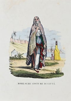 Costume d'une ville arabe  - Lithographie d'origine - XIXe siècle