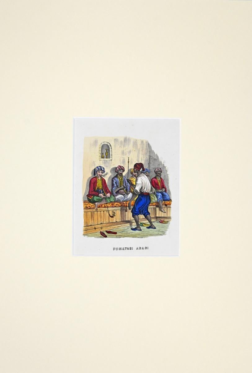 Figurative Print de Unknown - Fumadores árabes - Litografía original - 1849