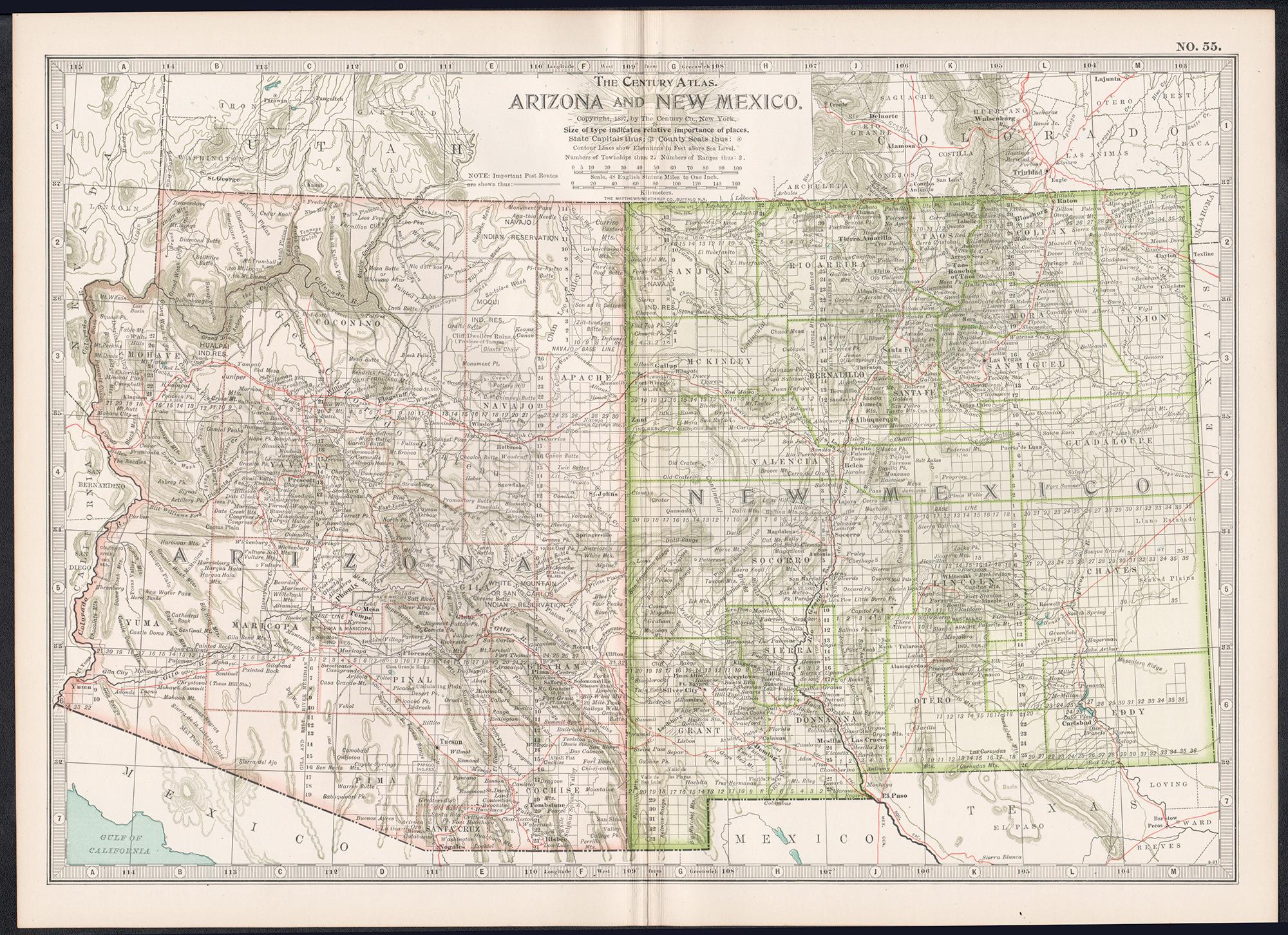 Arizona und New Mexico. USA. Atlas-State, antike Vintage-Karte, Jahrhundertmitte – Print von Unknown